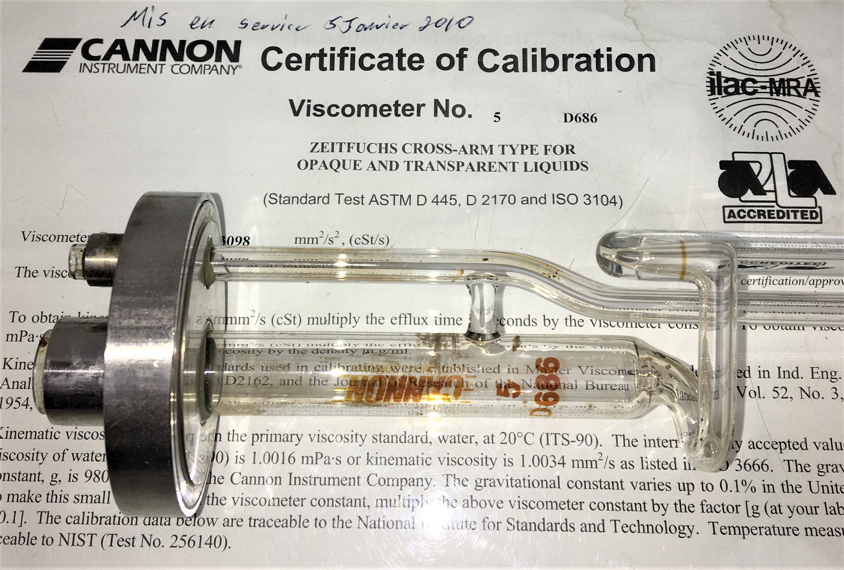 Used Cannon ZCAC-RO-5 Certified Zeitfuchs Cross-Arm Viscometer Tube with Holder - Size 5