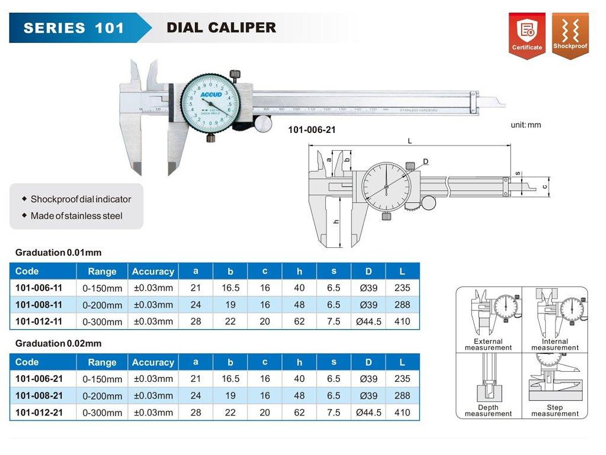 Schuifmaat met analoge klok | 0 - 150 mm | ACCUD