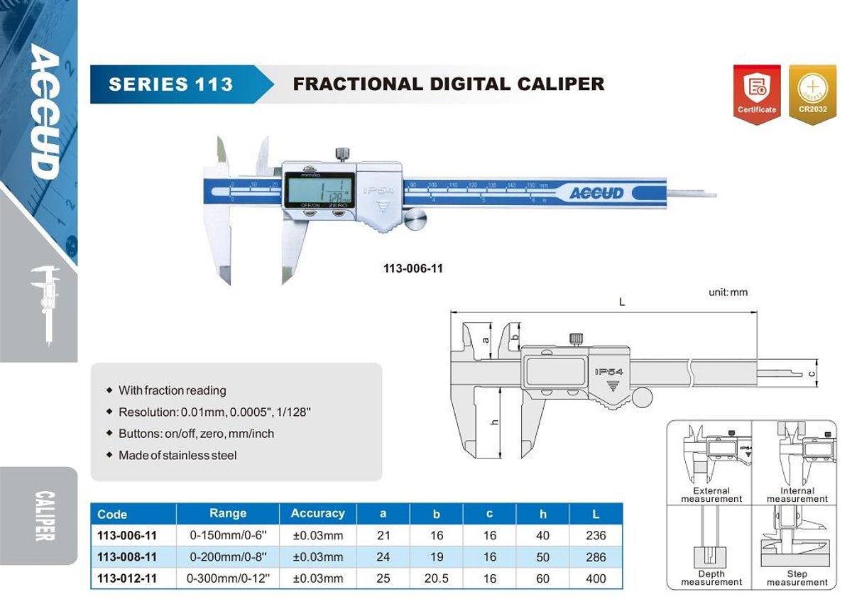 Digitale schuifmaat | 0 – 150 mm | IP54 | Fractioneel weergave | ACCUD