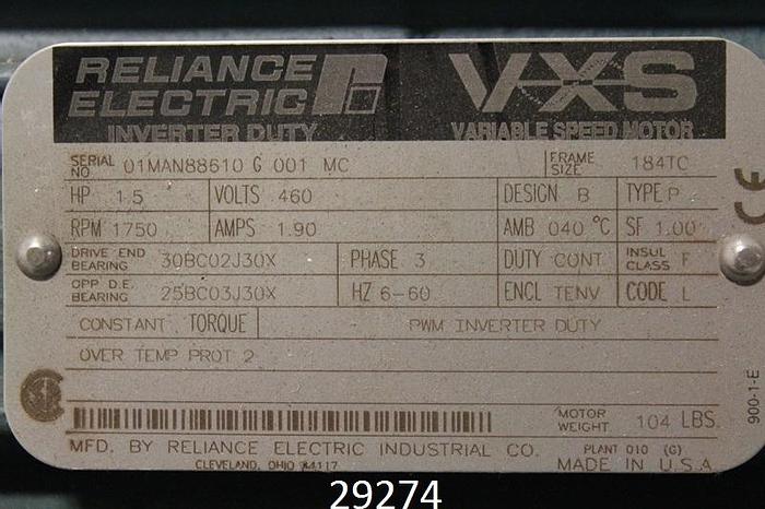 Used Reliance AC Motor, 3 Phase Variable Speed Motor #29274