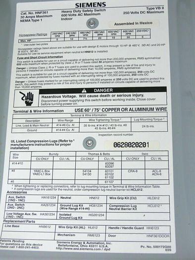 Used Siemens HNF361 600V Non-Fusible Heavy Duty Safety Switch