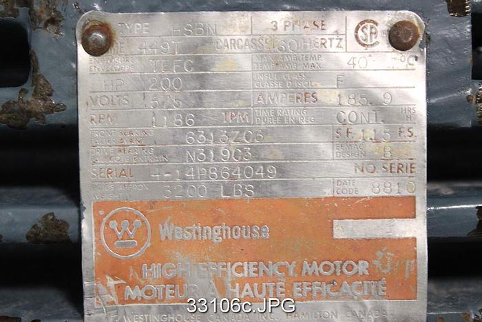 Used Westinghouse HSBN 200Hp, 1186RPM, 575Volts AC Motor #33106