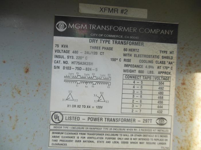 Used Transformer, 75 kVA, MGM, 3-Phase, #S742763