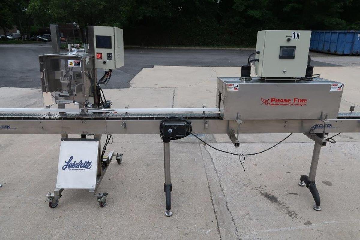 Used Accutek/Labelette Sleeving Line with Shrink Tunnel, Stainless Steel