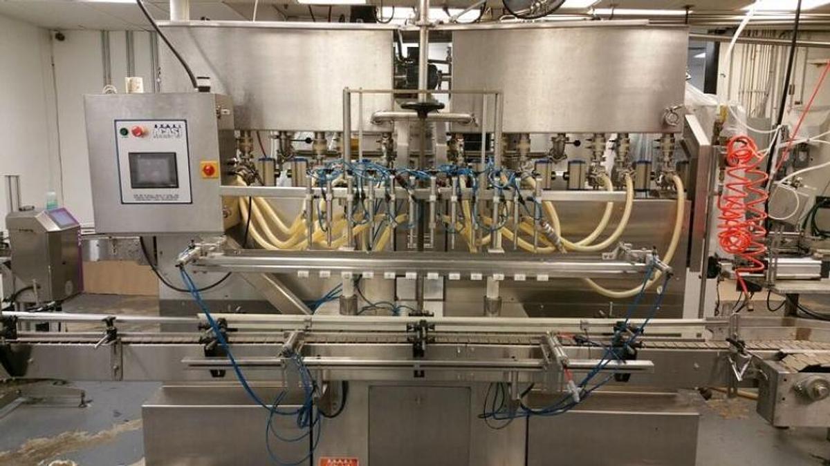 Used Acasi 12 Fully Automatic Piston Inline Filler, w/conveyor, “Hot Product” Fill