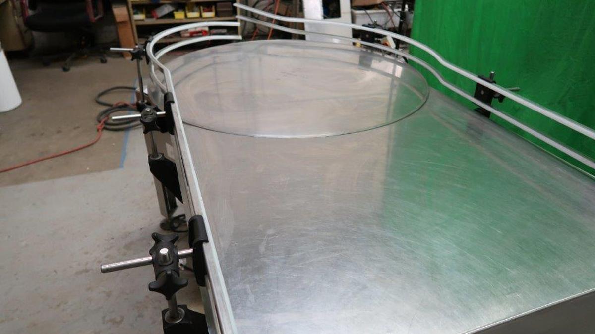 Used 40 In. Diameter E-PAK Stainless Steel Rotary Unscrambling/Accumulating Table with Shelf