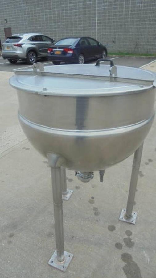 Used 80 Gallon Trinity/Hamilton SS Hemispherical Kettle , 3 inch discharge