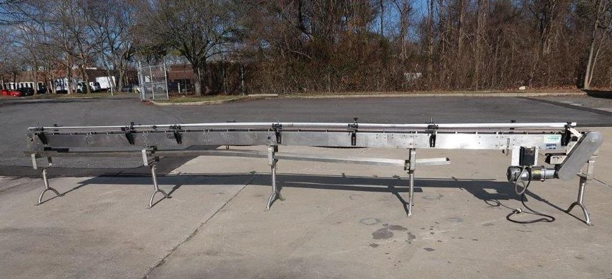 Used Garvey 21 Ft Long Stainless Steel Motorized Bottle Conveyor, Variable Speed