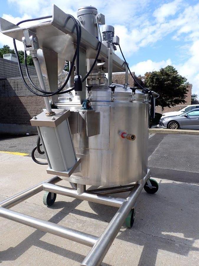 Used 250 Gallon Lee 316 SS Sanitary Agitated Vacuum Vessel, 90 PSI Jacket, Scraper and High Shear Tilt Out Agitation