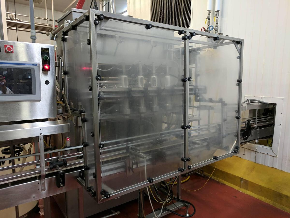 Used REB 4 Piston Automatic Gallon Inline Filler, Agitated Hopper, Extra Large Pistons