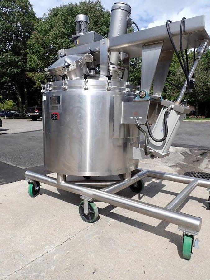 Used 250 Gallon Lee 316 SS Sanitary Agitated Vacuum Vessel, 90 PSI Jacket, Scraper and High Shear Tilt Out Agitation