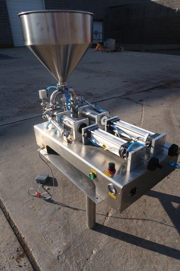 Used Tabletop Air Operated Dual Head Piston Filler,  Stainless Steel