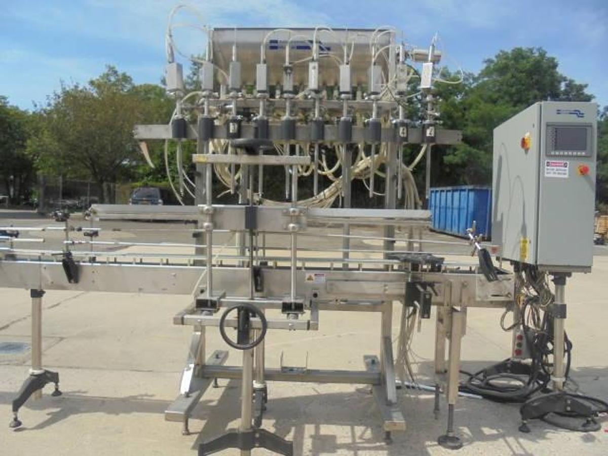 Used Fluid Packaging Solutions 10 Spout SS Gravity Liquid Filler, “Bottom Up” Fill