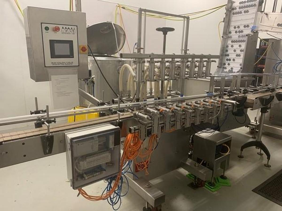 Used Acasi Eight Head Straight Line Automatic Pressure OverFlow Filling Machine With Screw Capper