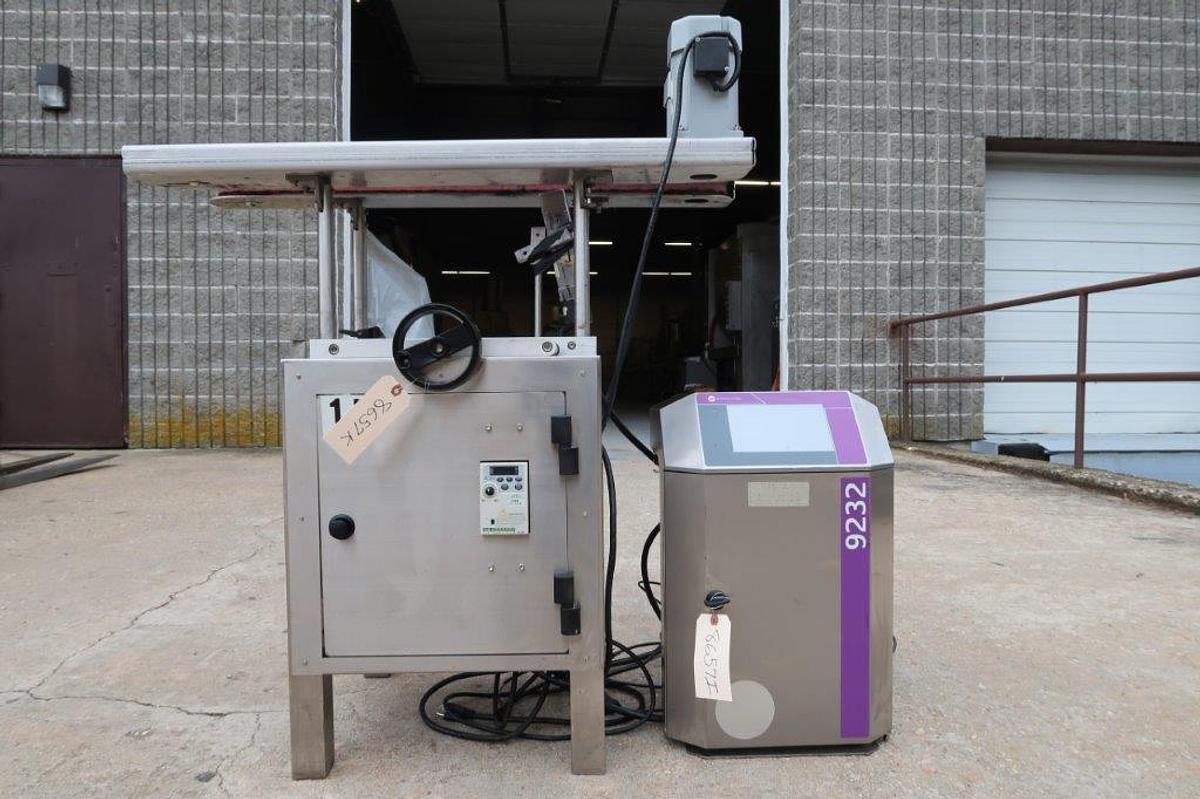 Used Bottomless Conveyor/Gap Transporter with Markem Imaje Coder, Stainless Steel