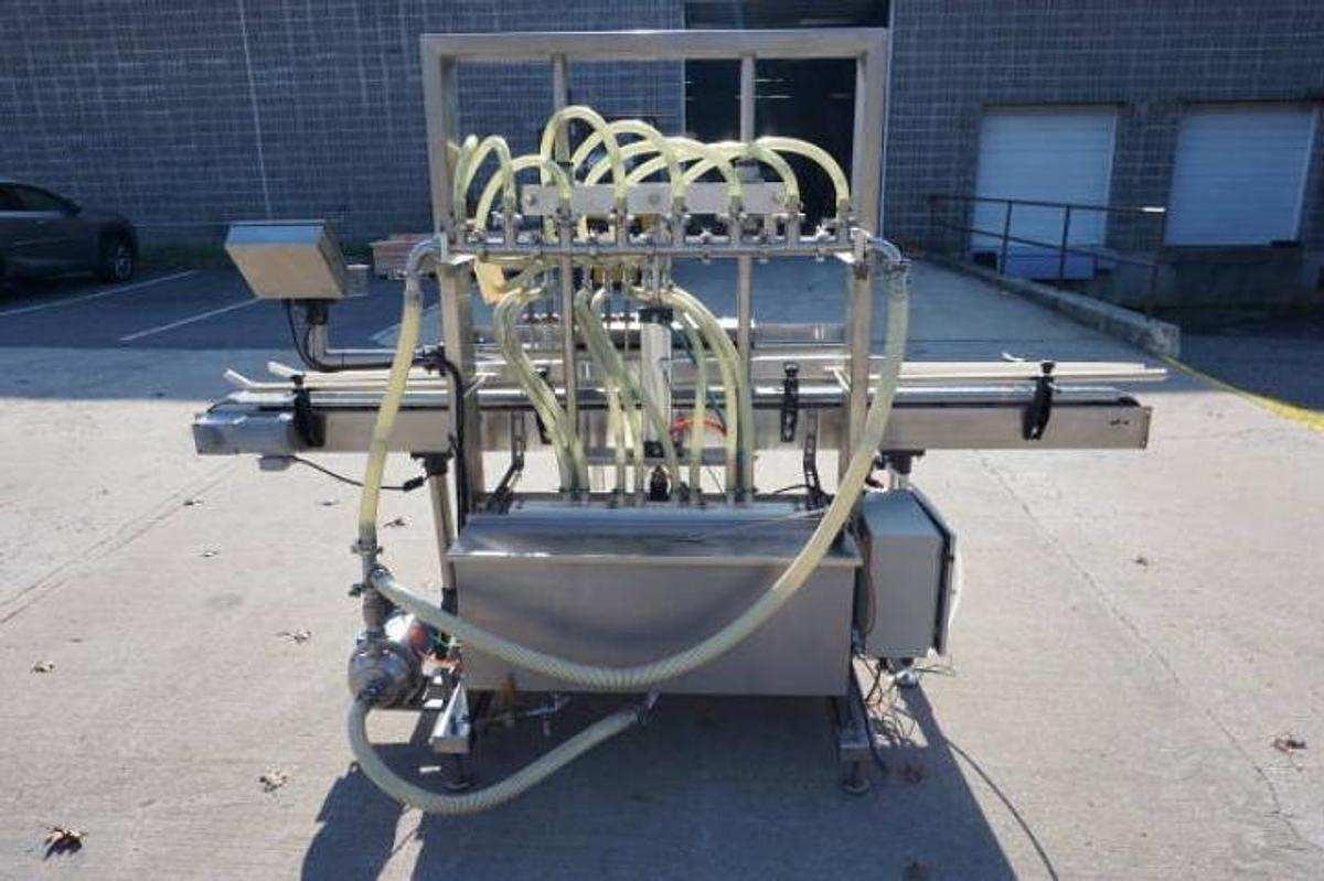 Used Accutek 8 Head Automatic Pressure Overflow Liquid Filling Machine, with Conveyor