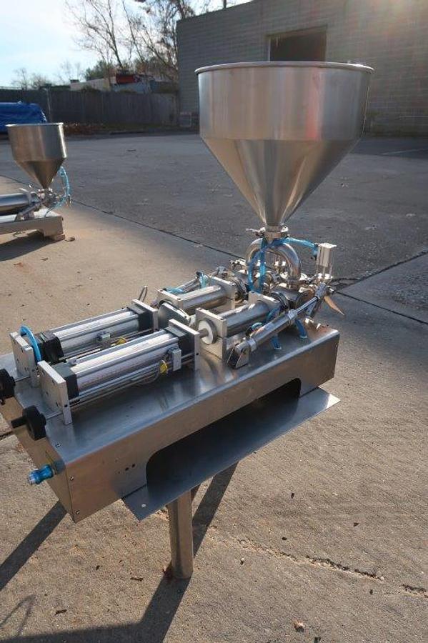 Used Tabletop Air Operated Dual Head Piston Filler,  Stainless Steel
