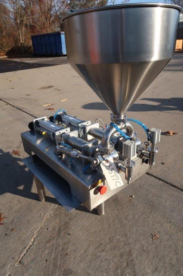 Used Tabletop Air Operated Dual Head Piston Filler,  Stainless Steel