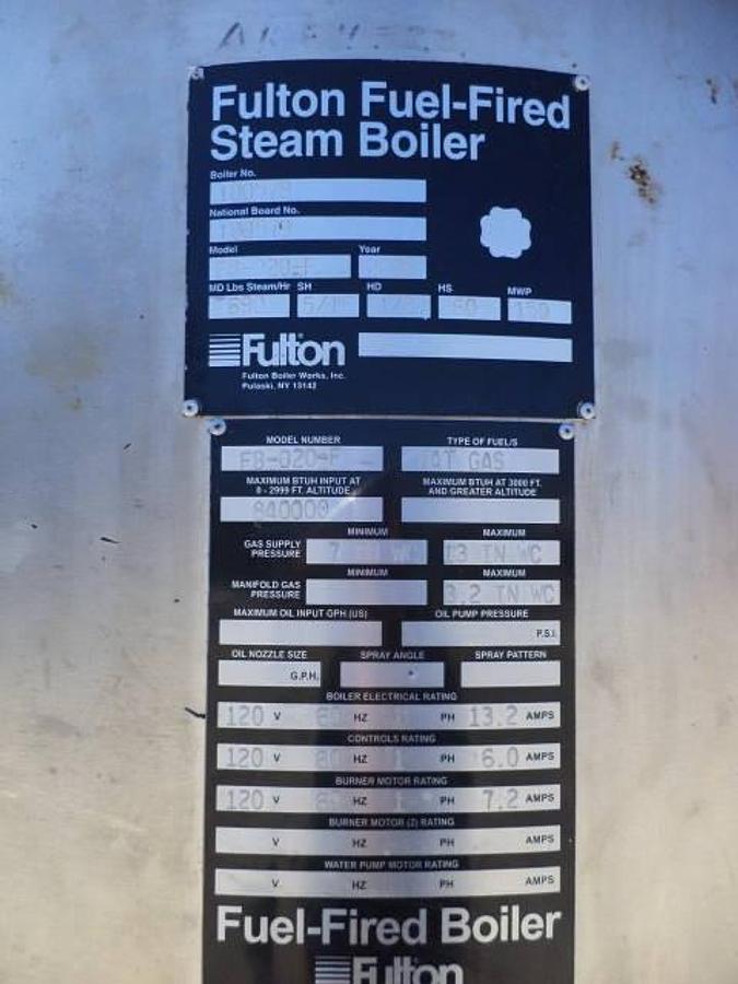 Used Fulton FB-020-F Natural Gas Steam Boiler, stainless shrouding