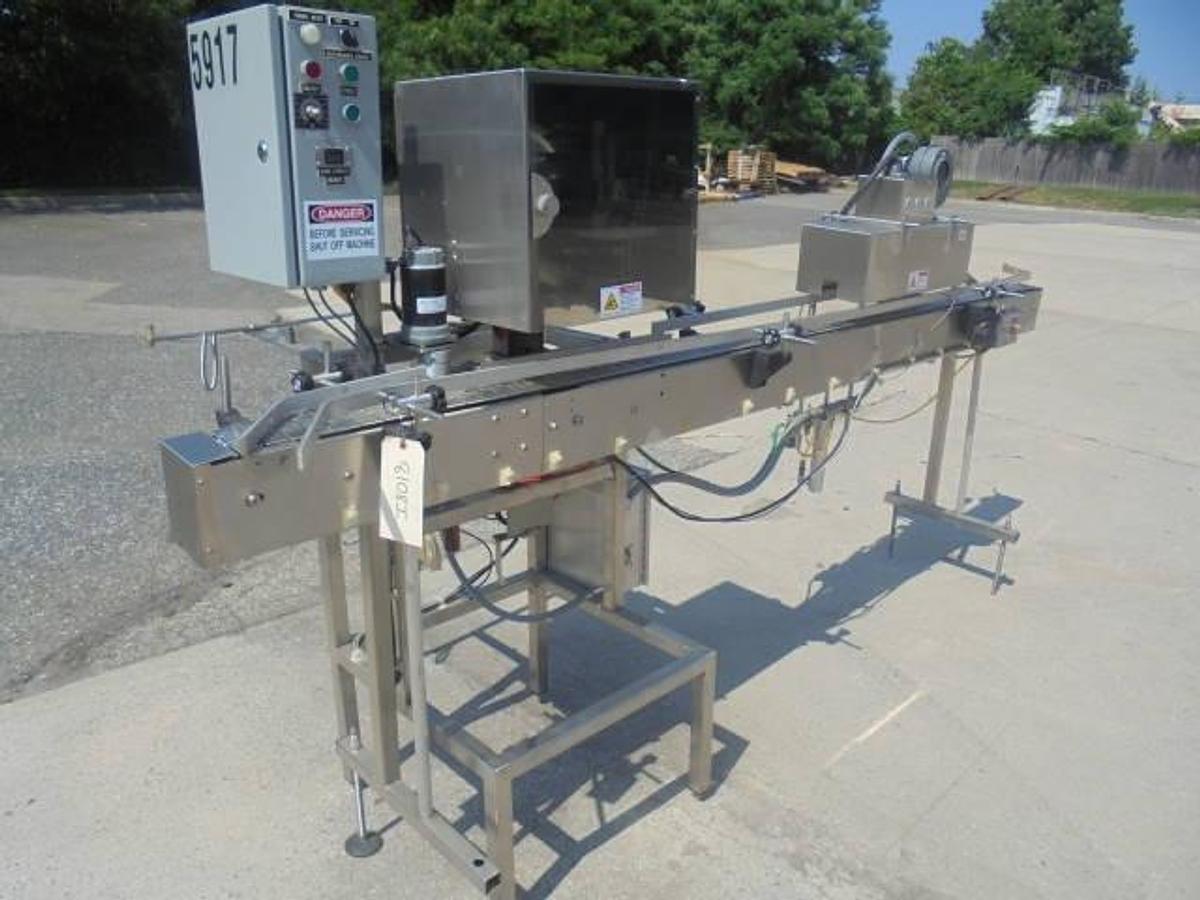 Used Marburg Conveyorized Neck Bander With Shrink Tunnel, Variable Speed