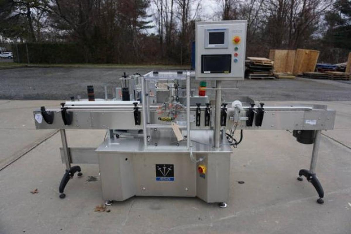Used Aesus Systems “Eco Wrap Prism” Automatic Pressure Sensitive Spot/Wrap Around Labeler, Stainless Steel