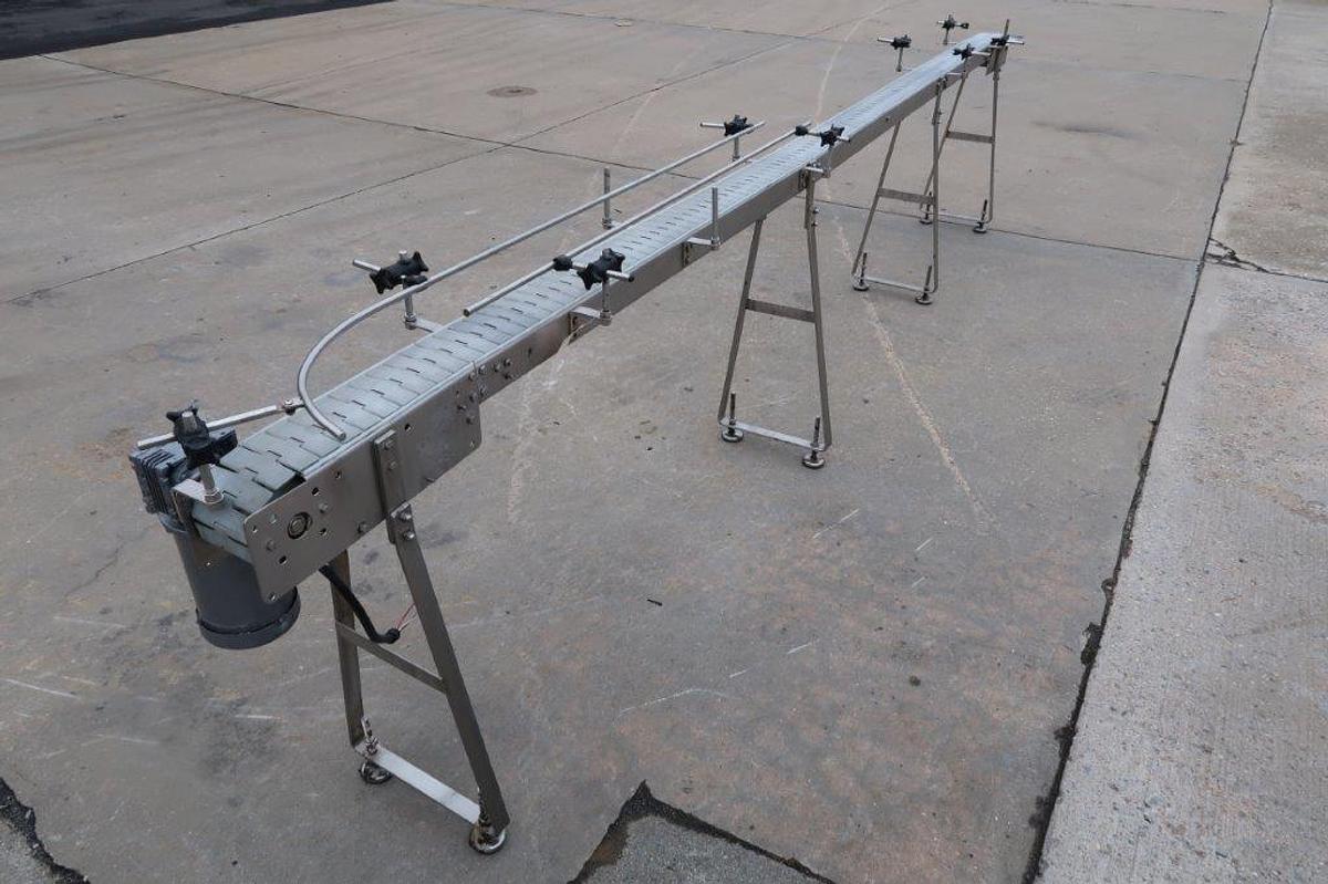 Used 4.5 In. X 16 Ft. Long Motorized Bottle Conveyor, Stainless Steel Frame