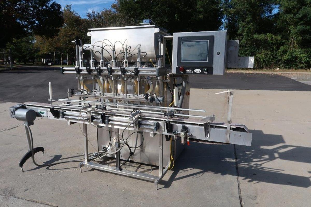 Used REB 6 Head Automatic Inline Piston Filling Machine, Agitated Hopper