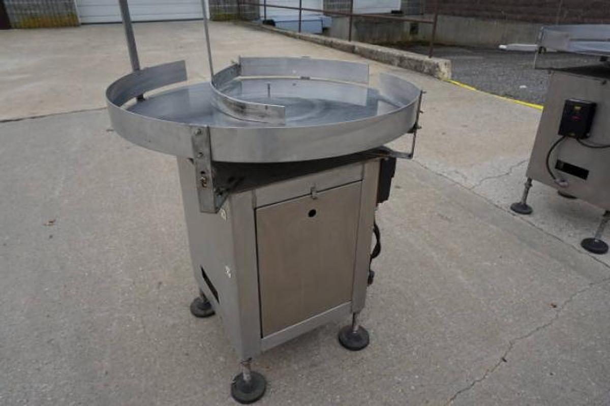 Used 35 Inch Diameter JG Machine Works Stainless Rotary Unscrambling/Accumulating Table, Variable Speed