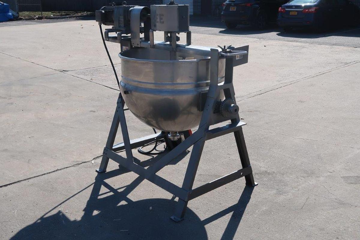 Used 80 Gallon Lee 316 SS Double Motion Scraper Kettle, Tilt Discharge, 100 PSI Jacket