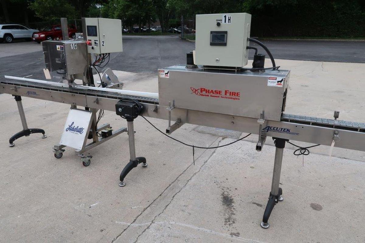 Used Accutek/Labelette Sleeving Line with Shrink Tunnel, Stainless Steel
