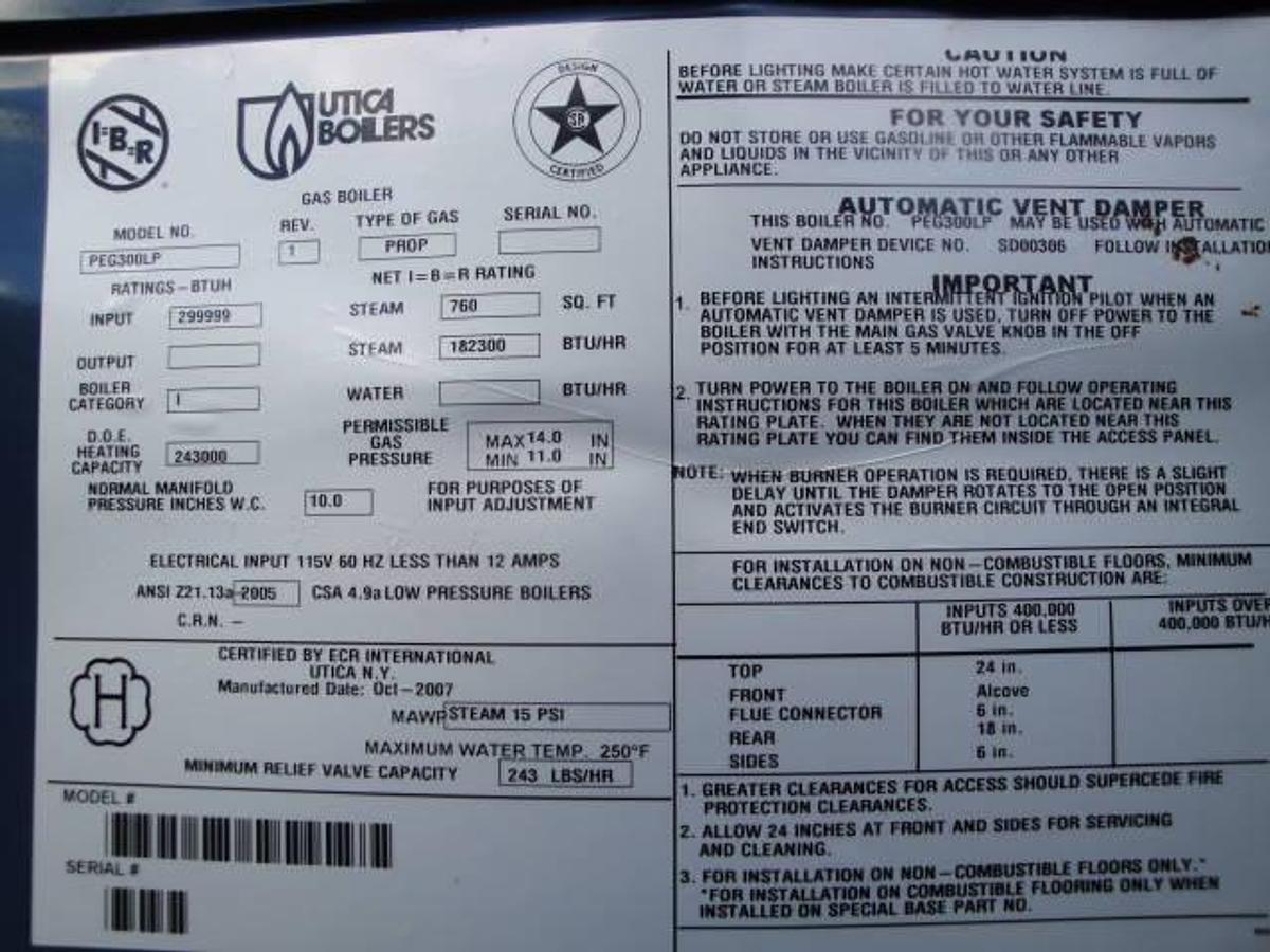 Used Utica Gas Fired Steam Boiler Model Peg-300lp