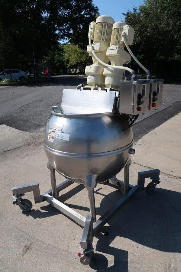Used 100 Gallon Groen Twin Action Inclined Agitated Kettle, 100 PSI JKT