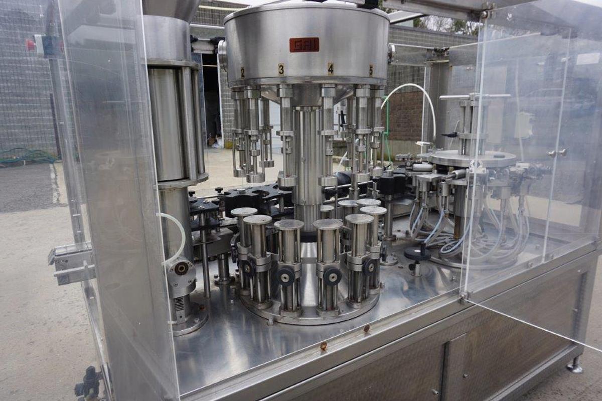 Used GAI 2513 Monoblock Wine Rinsing, Dearation, Filling and Corking Line, 2,000 Bottles/Hour