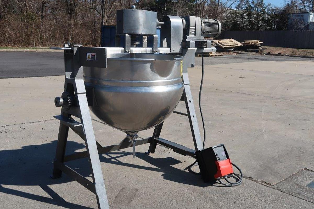 Used 80 Gallon Lee 316 SS Double Motion Scraper Kettle, Tilt Discharge, 100 PSI Jacket
