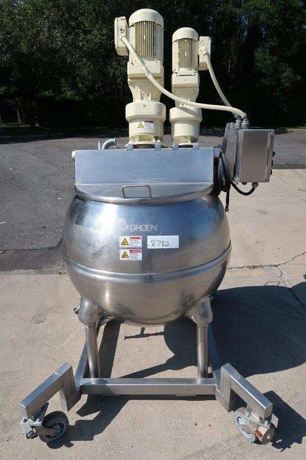 Used 100 Gallon Groen Twin Action Inclined Agitated Kettle, 100 PSI JKT
