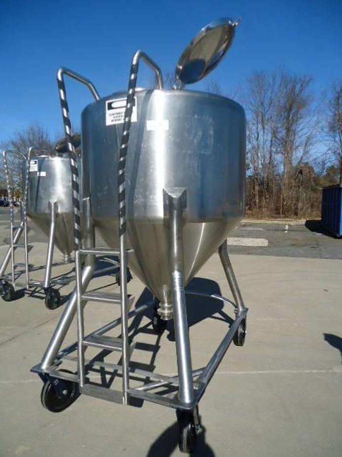 Used 450 Gallon DCI Type 316 Stainless Steel Cone Bottom Portable Tank on Casters