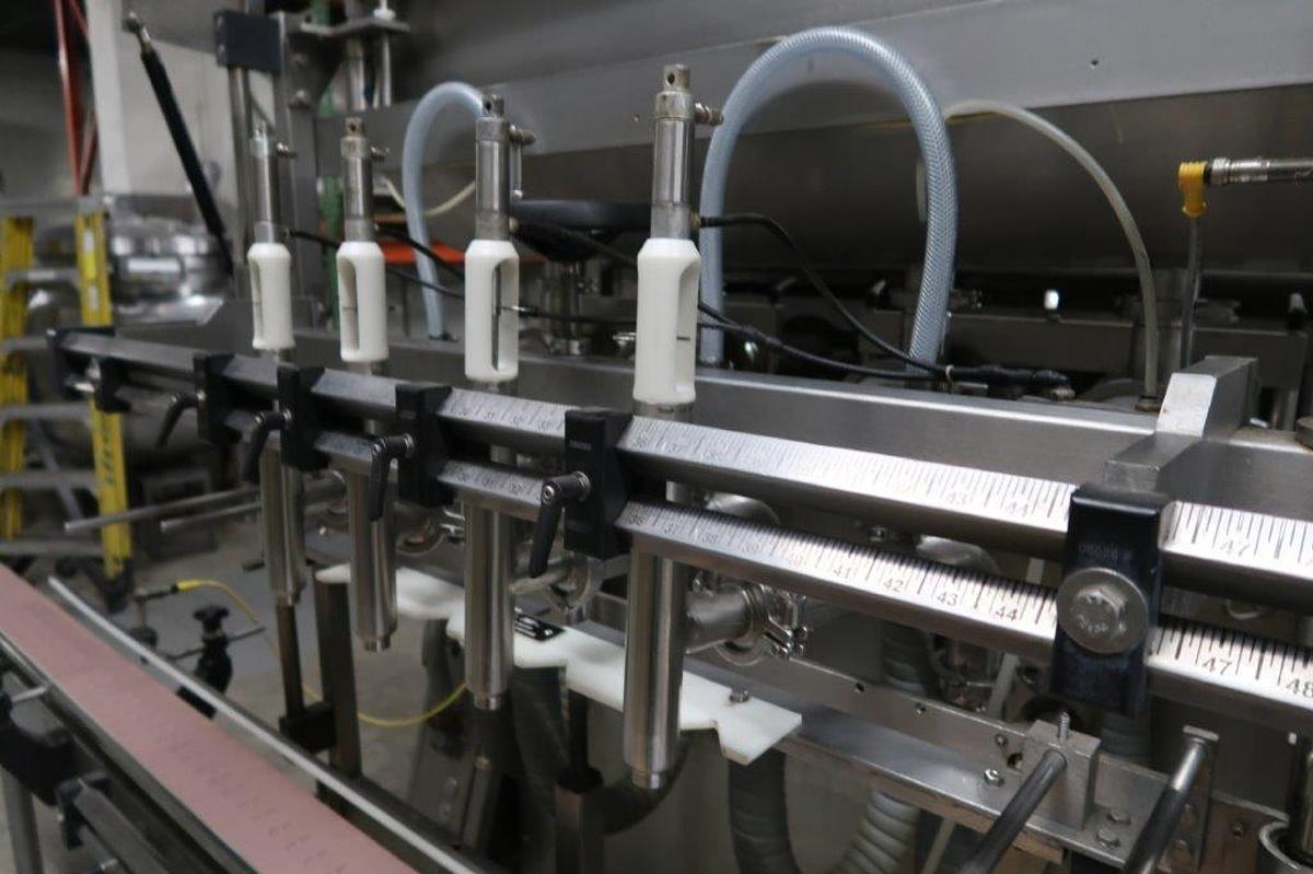 Used REB 4 Piston Automatic Gallon Inline Filler, Agitated Hopper, Extra Large Pistons