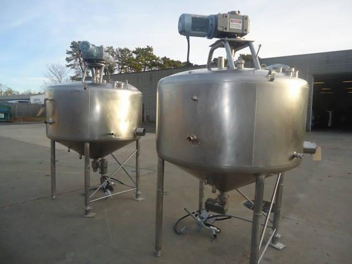 Used 400 Gallon Mueller Stainless Scraper Agitated Cone Bottom Vessels, 80 Psi Jacket (2)