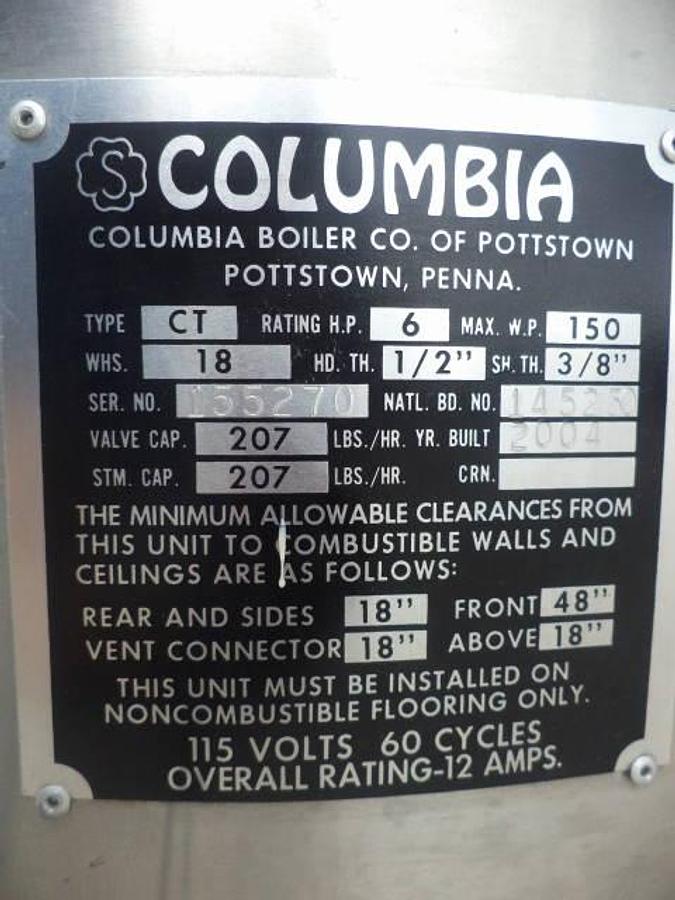 Used Columbia CT Gas Fired Boiler , Rating HP 6, 150 PSI WP, Single Phase Electrics