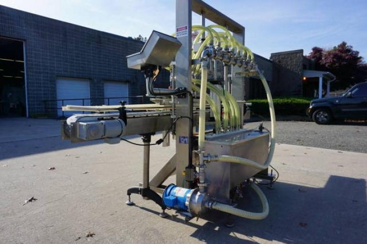 Used Accutek 8 Head Automatic Pressure Overflow Liquid Filling Machine, with Conveyor