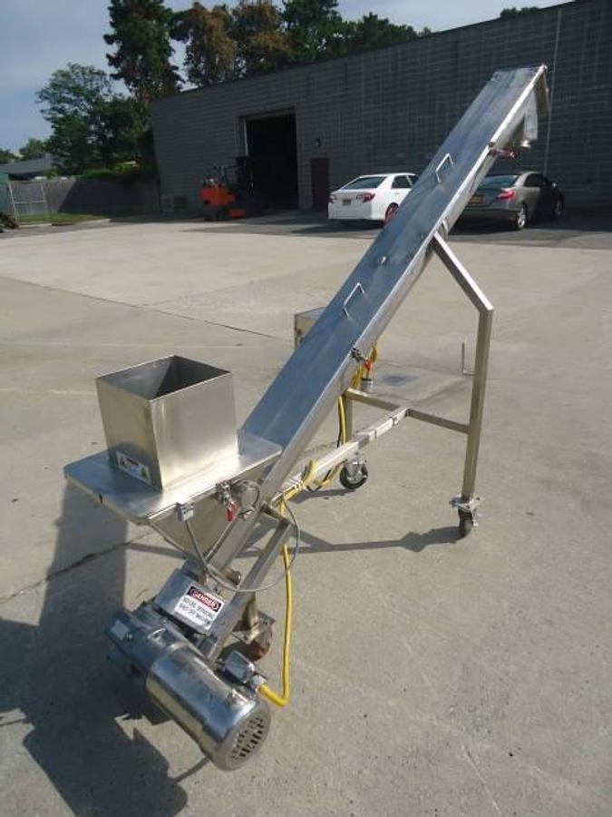 Used 6 inch x 84 inch stainless steel inclined screw conveyor/feeder, sanitary motor, portable
