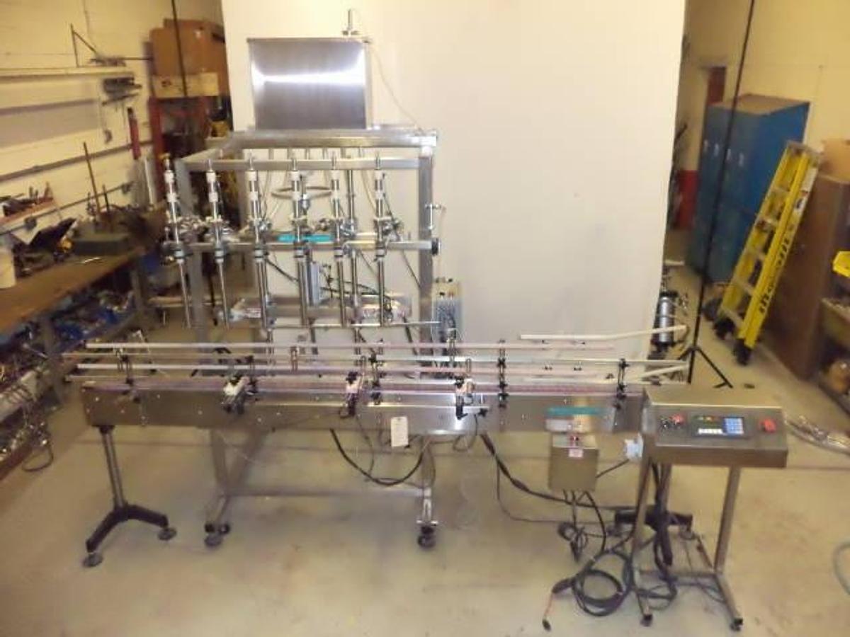 Used Inline Filling System Six Head Time/Gravity Auto Straight line Filling Machine