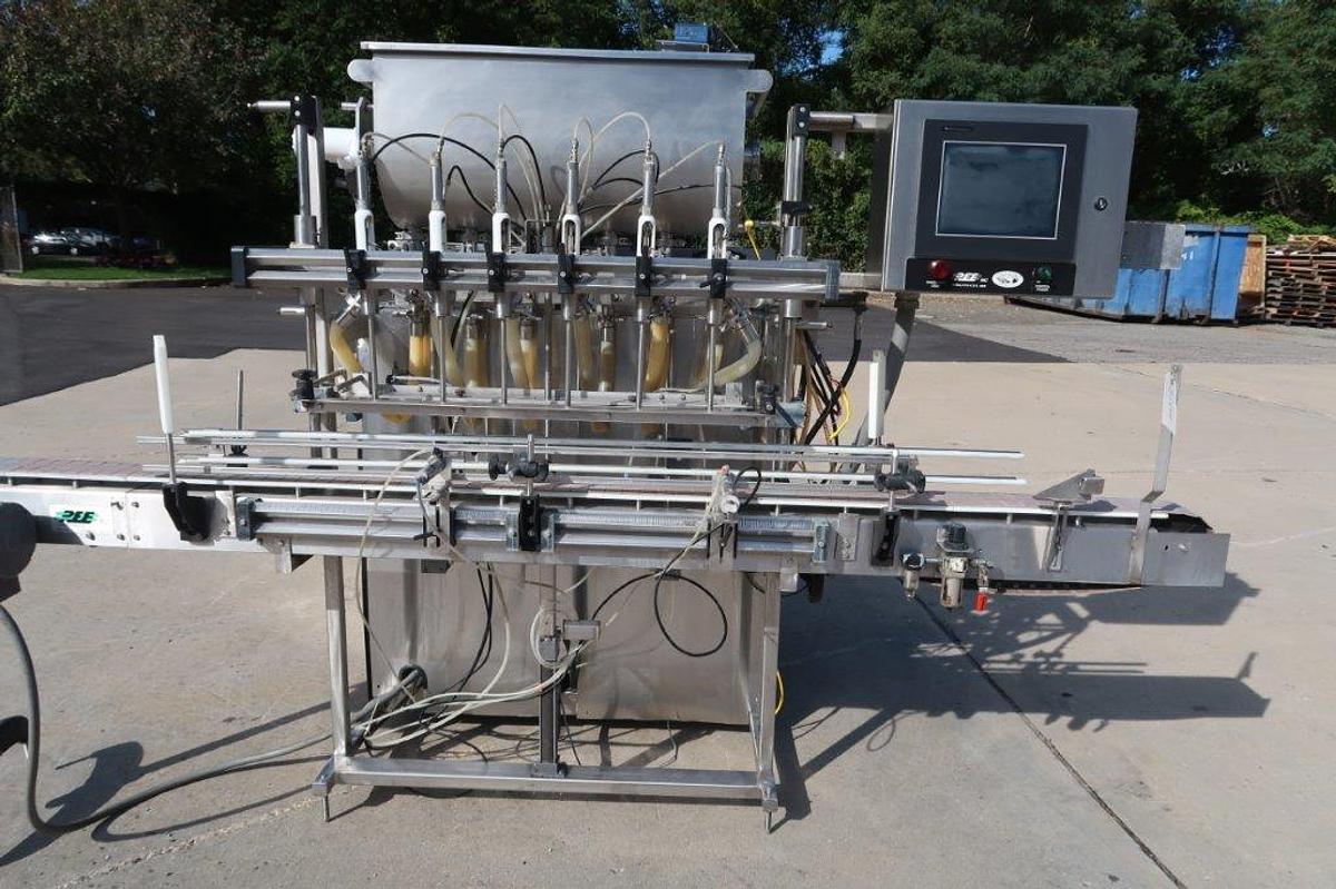 Used REB 6 Head Automatic Inline Piston Filling Machine, Agitated Hopper