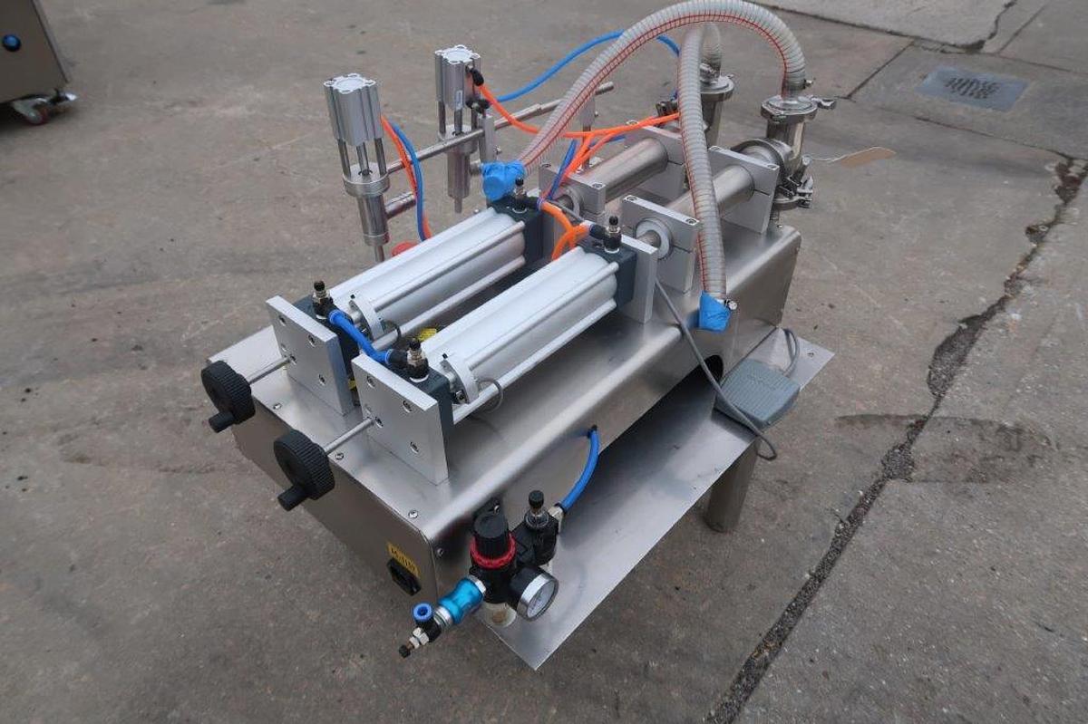 Used Quantitative Tabletop Dual Head Piston Filler, Air Operated