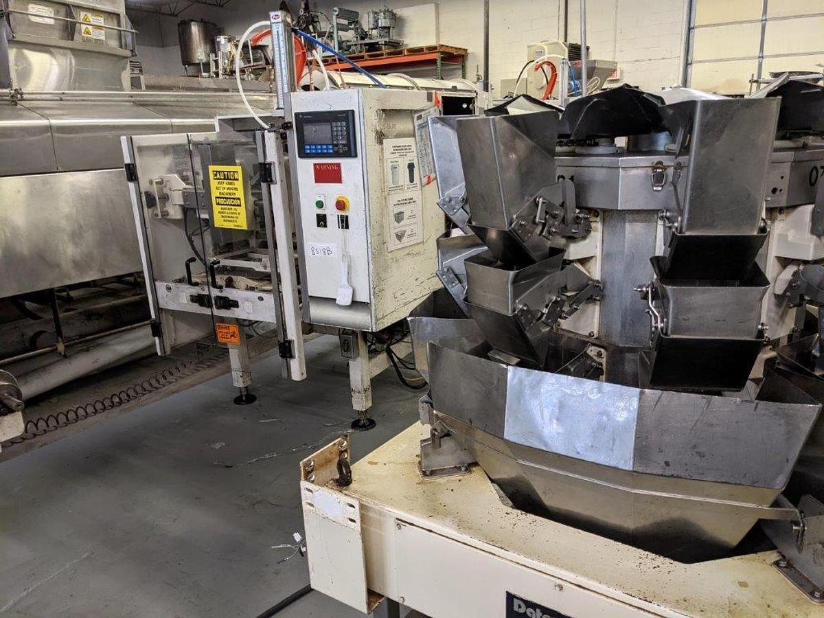 Used Hayssen 12-16HR Vertical Form Fill & Seal Machine, with Yamato 8 Head Rotary Scales