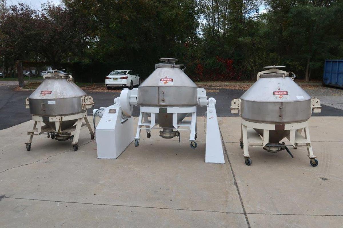 Used 20 CF Komline Sanderson Stainless Steel Double Cone Blender, with Interchangeable Tanks