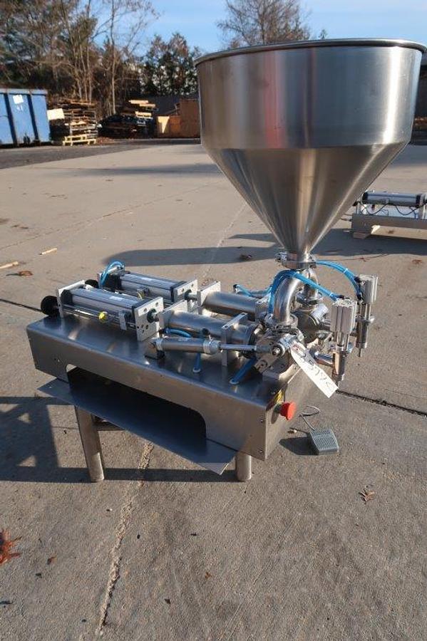 Used Tabletop Air Operated Dual Head Piston Filler,  Stainless Steel