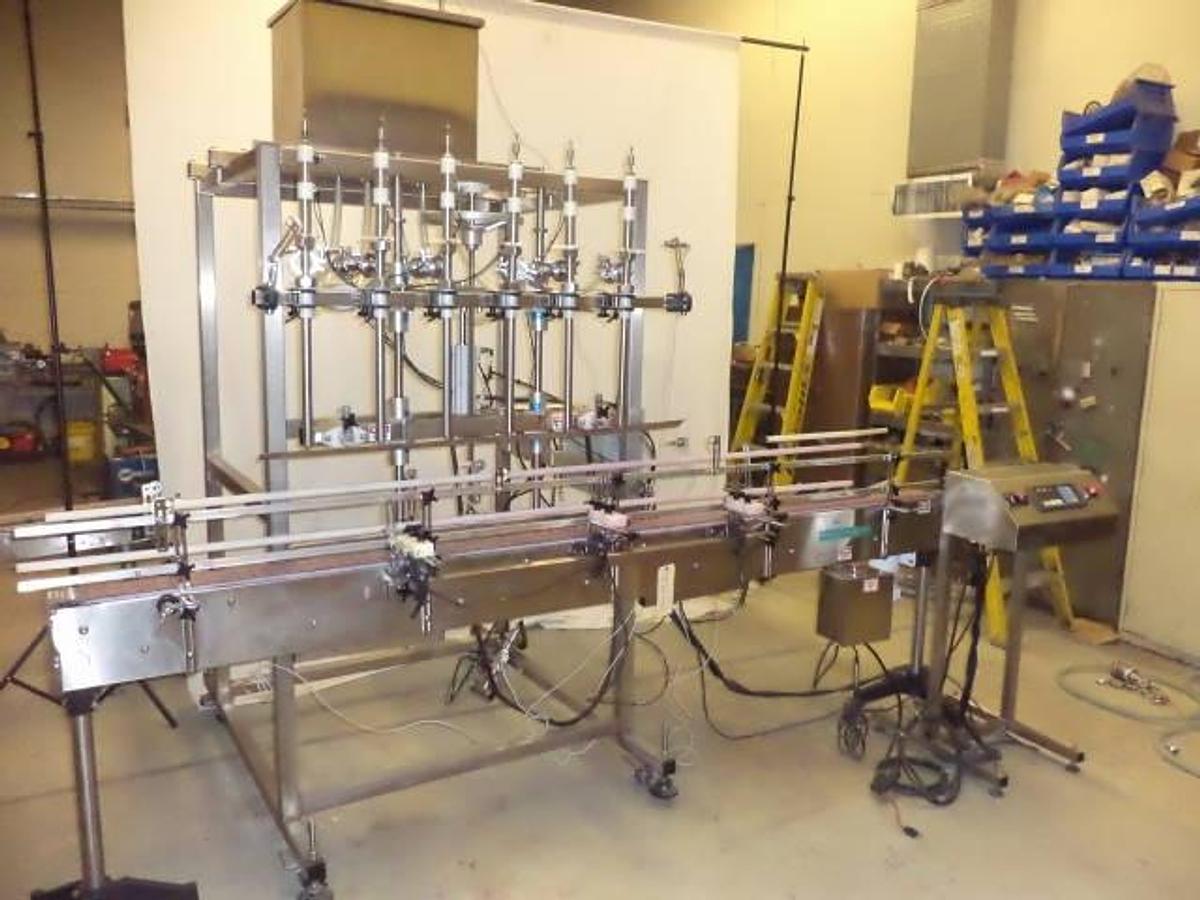 Used Inline Filling System Six Head Time/Gravity Auto Straight line Filling Machine