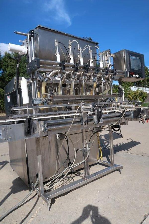 Used REB 6 Head Automatic Inline Piston Filling Machine, Agitated Hopper