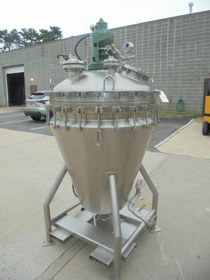 Used B&G 50 Gallon 316L Stainless Jacketed Vacuum Cone Bottom Mix Tank, Air Driven Mixer